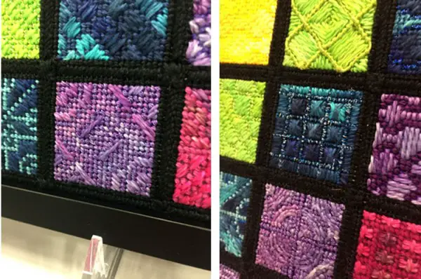 Needlepoint samplers are a fun, organized way to showcase different stitches and threads—almost like a photo album of fiber. This particular sampler is inspired by Cymatics, the study of sound waves. Design and stitch guide by Ellen Brown of Waterweave.