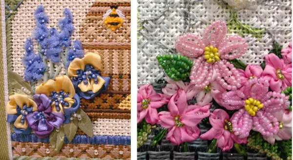 Beads are an easy way to add texture and dimension to a flower motif. The design on the left is from a needlepoint canvas by Kelly Clark Designs. The design on the left was created by Carolyn Hedge Baird in her stitch guide for a Melissa Shirley needlepoint canvas. Both are beautiful examples of ways to add beads.