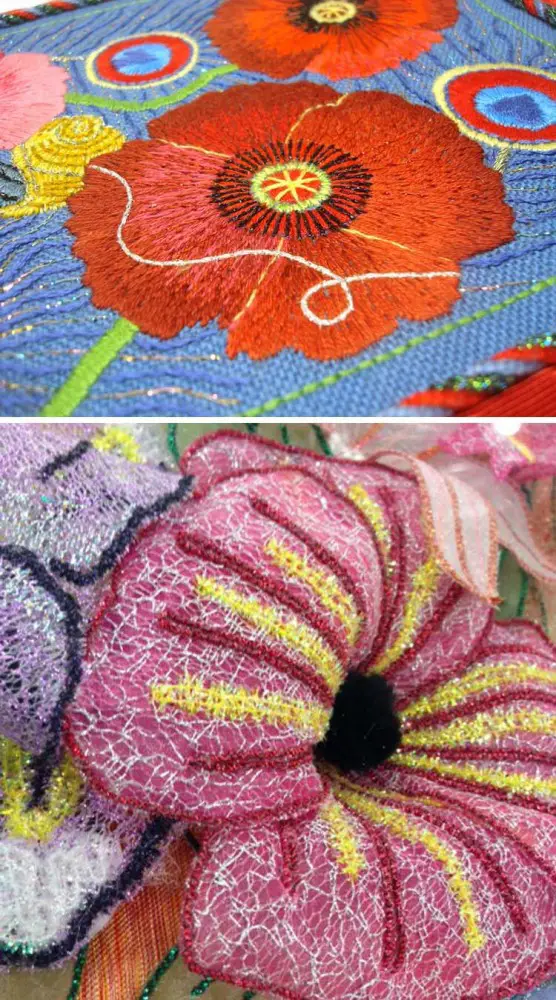 Flower centers need to be different from the petal parts...so simply add a metallic thread for texture and visual effect. Kreinik Braid is used in the design on the top (from the book Metallic Thread Embroidery by Jacqueline Friedman Kreinik). Kreinik Micro Ice Chenille (a fly fishing thread!) is used in the design on the bottom by Rita Lynne of Almost Heaven Designs.
