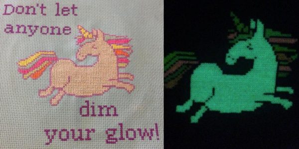 She's got power, pride, humor and passion - and she's not afraid to stitch it. Kari's Glowing Unicorn cross stitch design and it's cheerful message uses Kreinik glow-in-the-dark threads. To get the kit for this design, visit http://www.kreinik.com/shops/Kari-Warning-Kits/