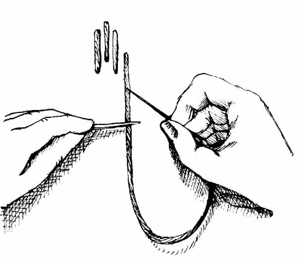 This illustration by Amy Law shows you how to stroke your thread as you lay a stitch (in this case a Longstitch or Satin Stitch). Use a large blunt needle like a Trolley Needle, Bodkin, or Bent Weaver's Needle as the 'stroking' tool.