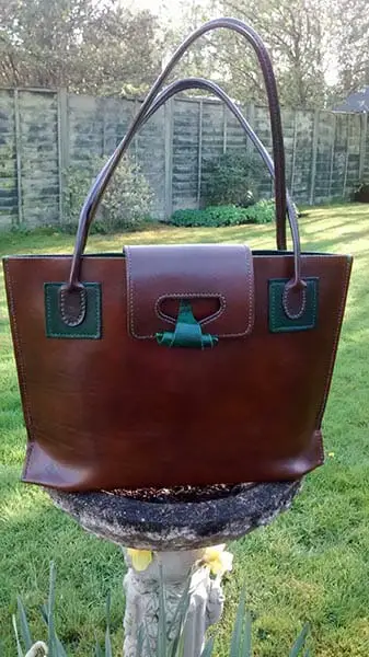 Leather handbag designed, stained and hand stitched by Suzanne Treacy - photo by Suzanne Treacy