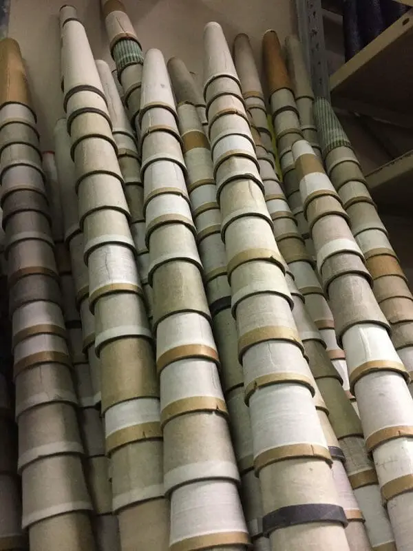 This is really behind-the-scenes at Kreinik: corner of the room where empty cones are kept, ready to be filled with colorful threads.