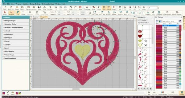 Editing a heart machine embroidery design in Wilcom Hatch Embroidery digitizing software