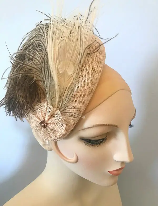 custom sinamay straw headpiece with feathers