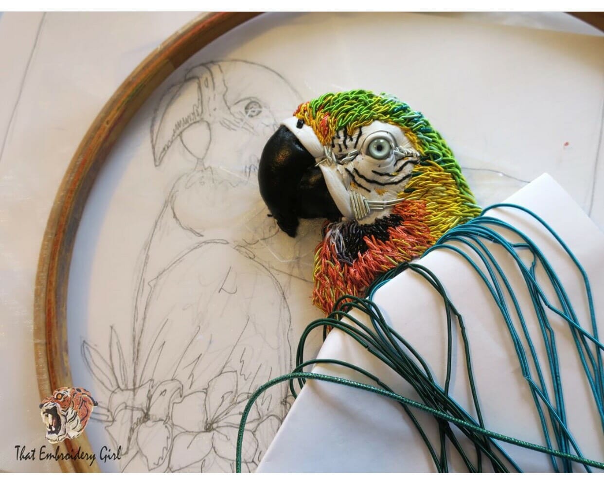 Georgina Bellamy's stunning goldwork parrot.