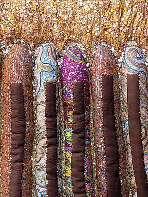 Individual panels in Vibrant Buddha Temple are stuffed with wadding to form a contoured surface of peaks and troughs adorned in light reflective beads and sequins.