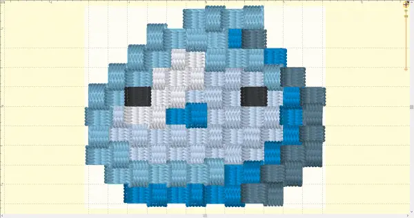 3D Digitial Preview of the Pixel-Art Machine Embroidery design file, showing that the edges of the blue slime character look wildly uneven due to compensation for stresses in embroidery.
