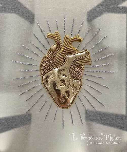 Goldwork heart embroidery, by Hannah Mansfield