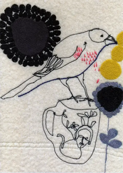 Maxine Sutton - Sad Bird - embroidered textile artwork