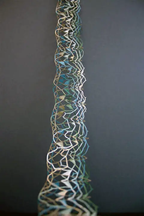 Pierre Fouche - His Foam White Arms (2012) Bobbin lace edging (functioning as a text scroll) in embroidery cotton – Progress