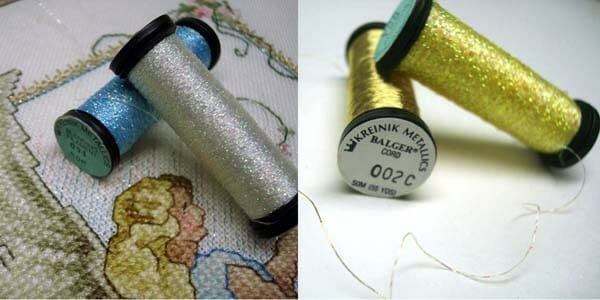Kreinik Blending Filament and Cord offer the most subtle metallic effect in stitching.