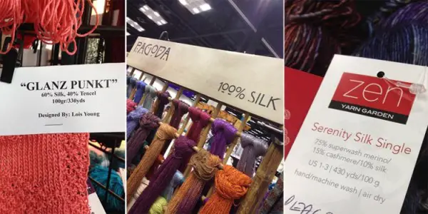 Silk yarns and silk yarn blends from three exhibitors at the TNNA tradeshow: Skacel, Alchemy Yarns, and Zen Yarn Garden.