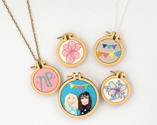 Three Sweet Embroidered Mini Hoop Necklaces 