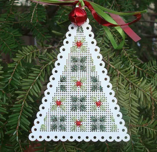 Metallic and reflective thread in sparkling straight stitches on a perforated paper tree shape.