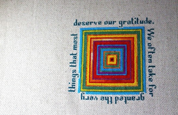 Gratitude, improvisational X stitch, 2012.