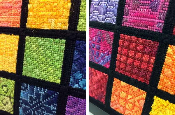 These two photos show close-ups of a few squares on the Cymatics Sampler needlepoint by Waterweave Designs. Can you spot the Kreinik #8 Braid color 015 Chartreuse green? And the Kreinik Fine #8 Braid color 003 Red?