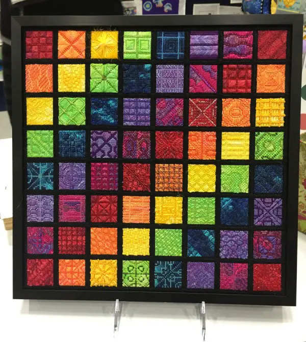 Ellen Brown's beautiful Cymatics Sampler needlepoint canvas design is a study of color, texture, and soundwaves.