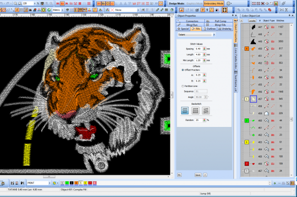 Digitizing a tiger for embroidery, showing settings on the right side of the image.