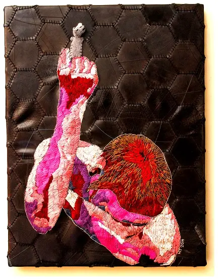 Who needs courage?  2014. Cotton thread, oil paint, found objects, wool, wood and rubber.