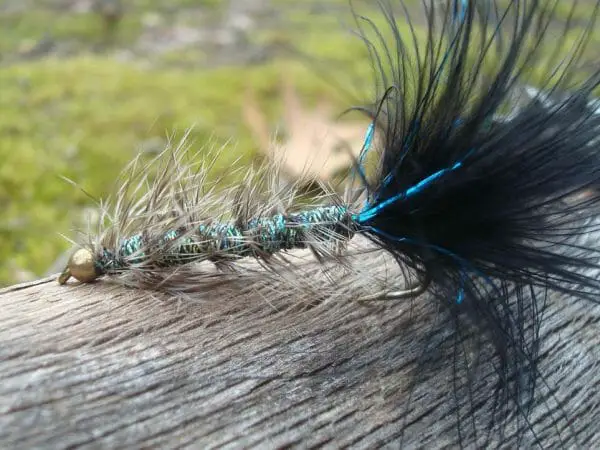 This fly fishing lure is called a Wooly Bugger, with a Ribbon Variant. The body base is Kreinik metallic color 085—popular in needlepoint and cross stitch for night scenes, water scenes, and fantasy themes. A bit of Kreinik Blending Filament in blue gives light (shows up when the lure moves underwater) to the tail.