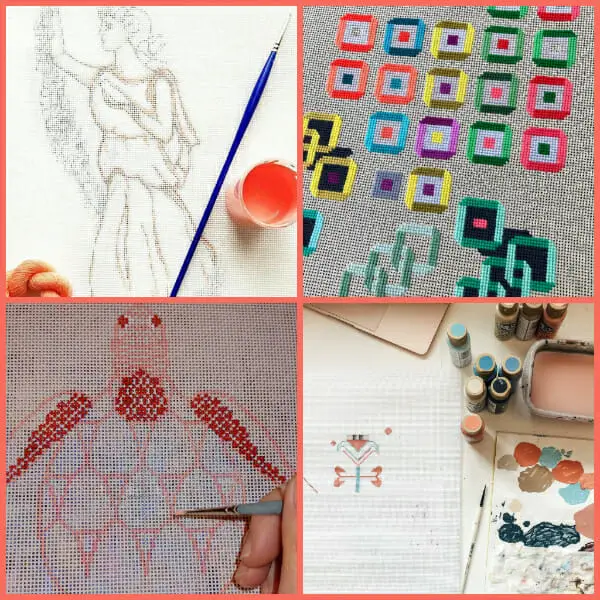 Developing needlepoint designs for canvas via drawing, painting and stitching