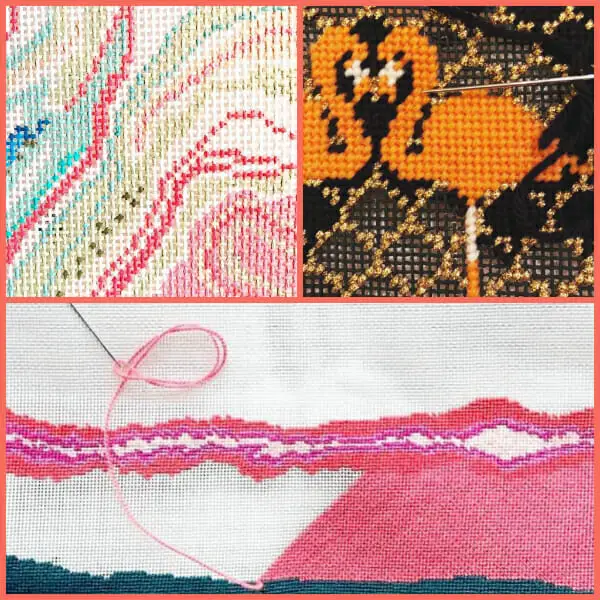 Close ups of abstract needlepoint design with stitched flamingo