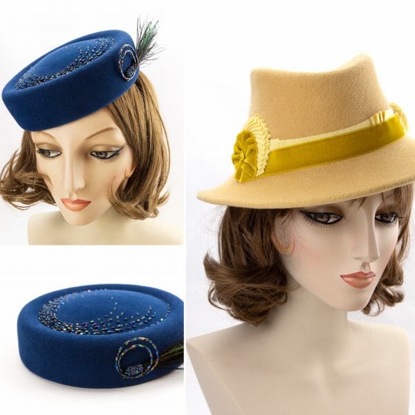 Blue button hat and yellow fedora