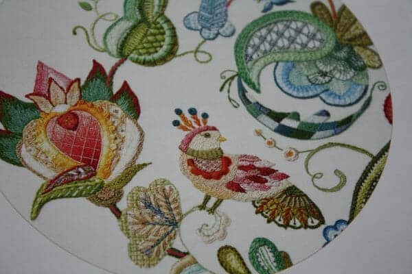 Crewel Embroidery: 7 enchanting designs inspired by fairy tales by Tatiana Popova - whole view of the bird design in the last image