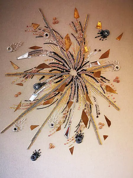 Nova, Close-up of goldwork and beadwork textile art by Samantha Trevis